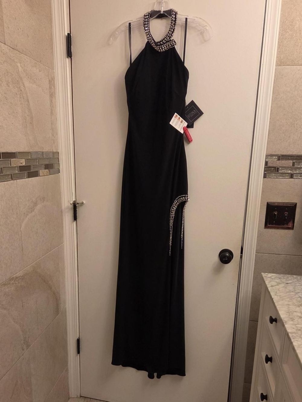 Mac Duggal Black Halter Gown with Crystal Embellishment